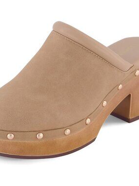 Guest Platform Clogs for Women, Heeled Faux Wood Mules with Studded Detailing an